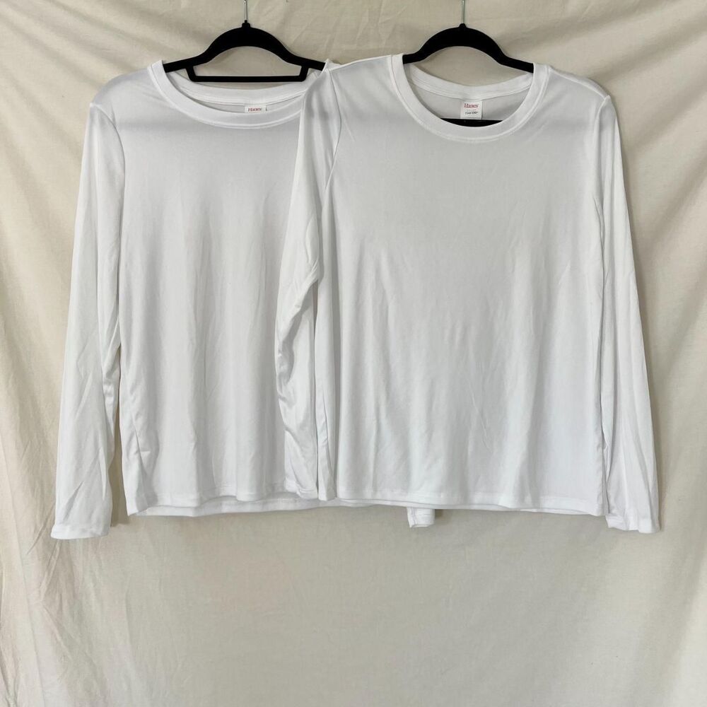 Set of White Hanes Cool Dri Long Sleeve Performance Shirts L